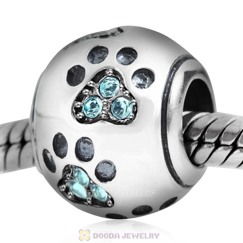 Dog Paw Print Charm Aquamarine Crystal