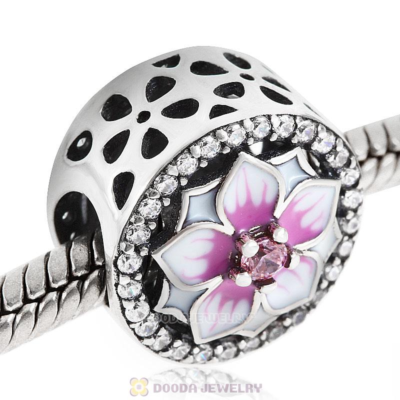 Magnolia flower Charm with Pink Cubic Zirconia