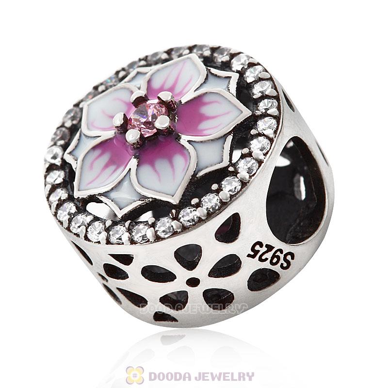 Magnolia flower Charm with Pink Cubic Zirconia