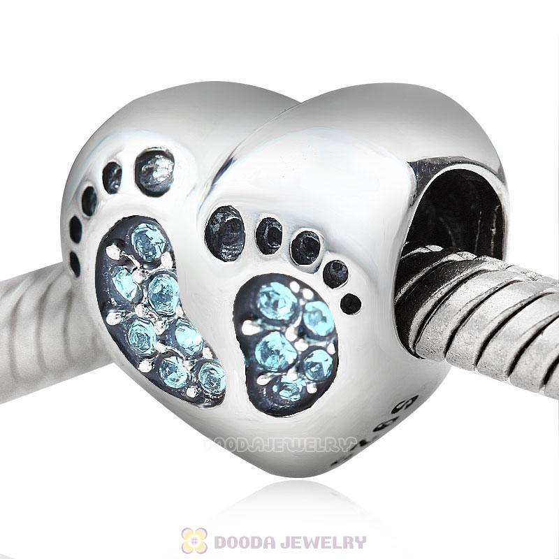Baby Footprint Heart Charm Aquamarine Crystal
