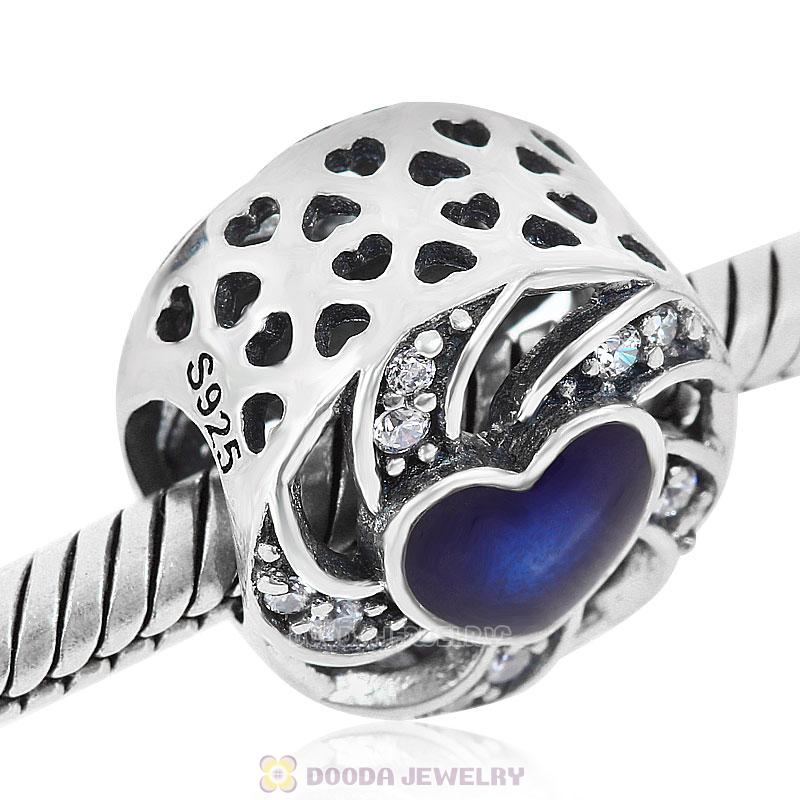 Ribbon Heart Charm Blue Enamel and Clear CZ