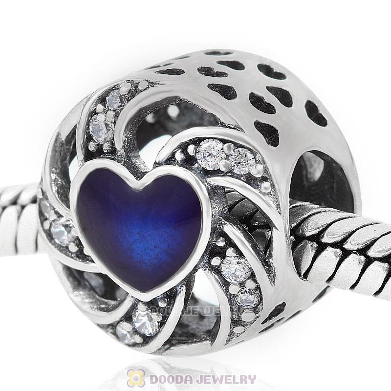 Ribbon Heart Charm Blue Enamel and Clear CZ