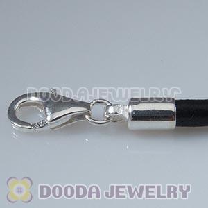 19cm European Single Slippy Black Leather Chain with Sterling Lobster Clasp