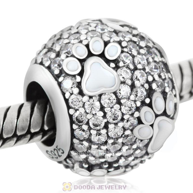 White Dog Pawprint Charm with Clear CZ