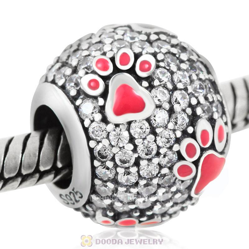 Bright Pink Dog Pawprint Charm with Clear CZ