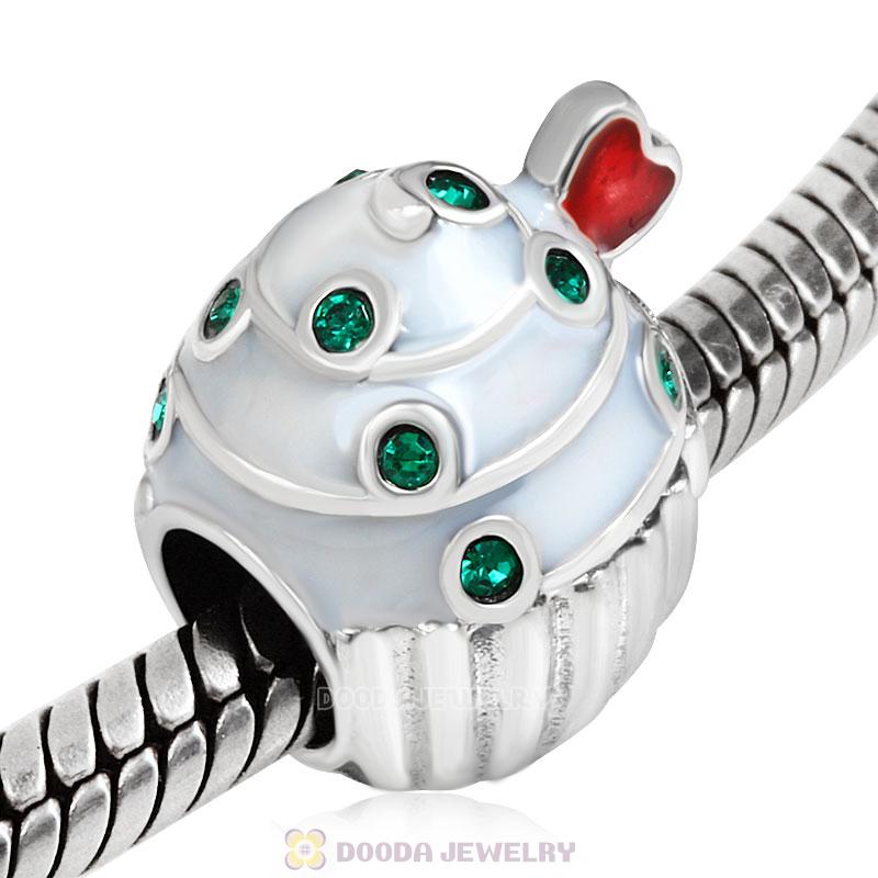 Heart Cupcake Charm Bead with Emerald Austrian Crystal