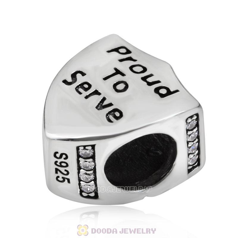 Proud to Serve Charm 925 Sterling Silver Shield Beads with Stones