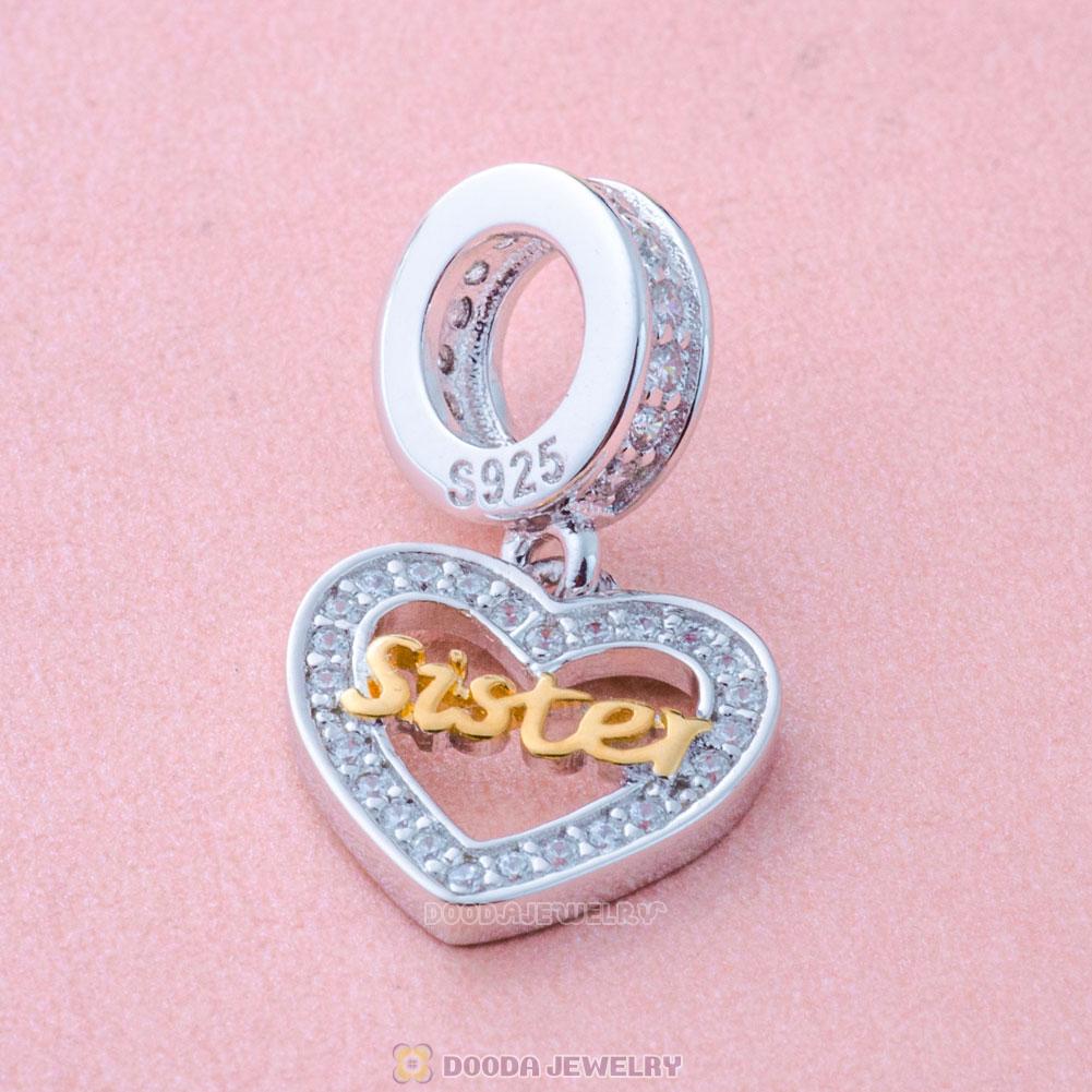Love Sister Heart Dangle Charm Beads 925 Sterling Silver