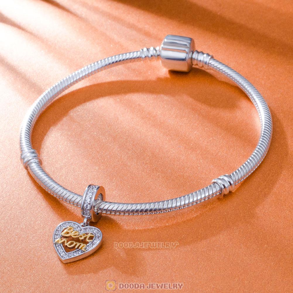 Best Mom Heart Dangle Charm Beads 925 Sterling Silver