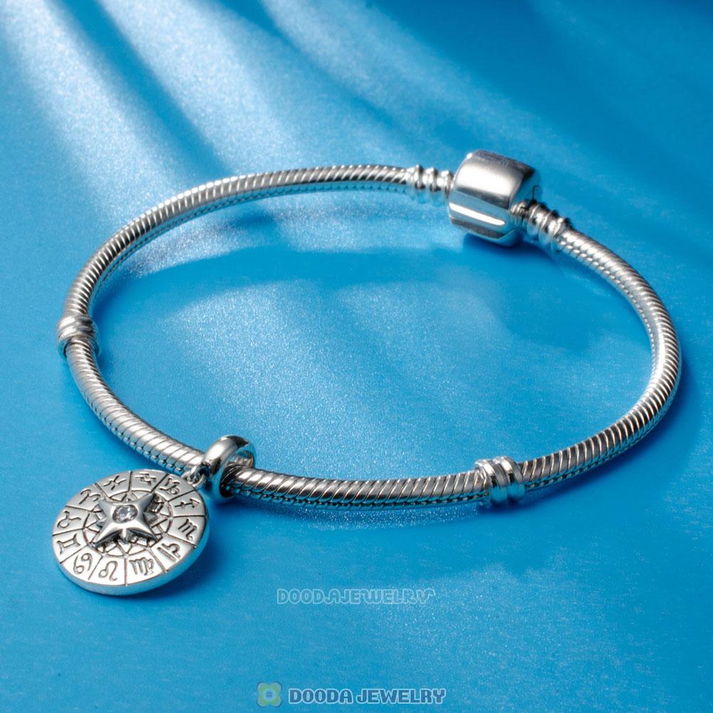 Zodiac Compass Charms Pendant 925 Sterling Silver with Clear CZ