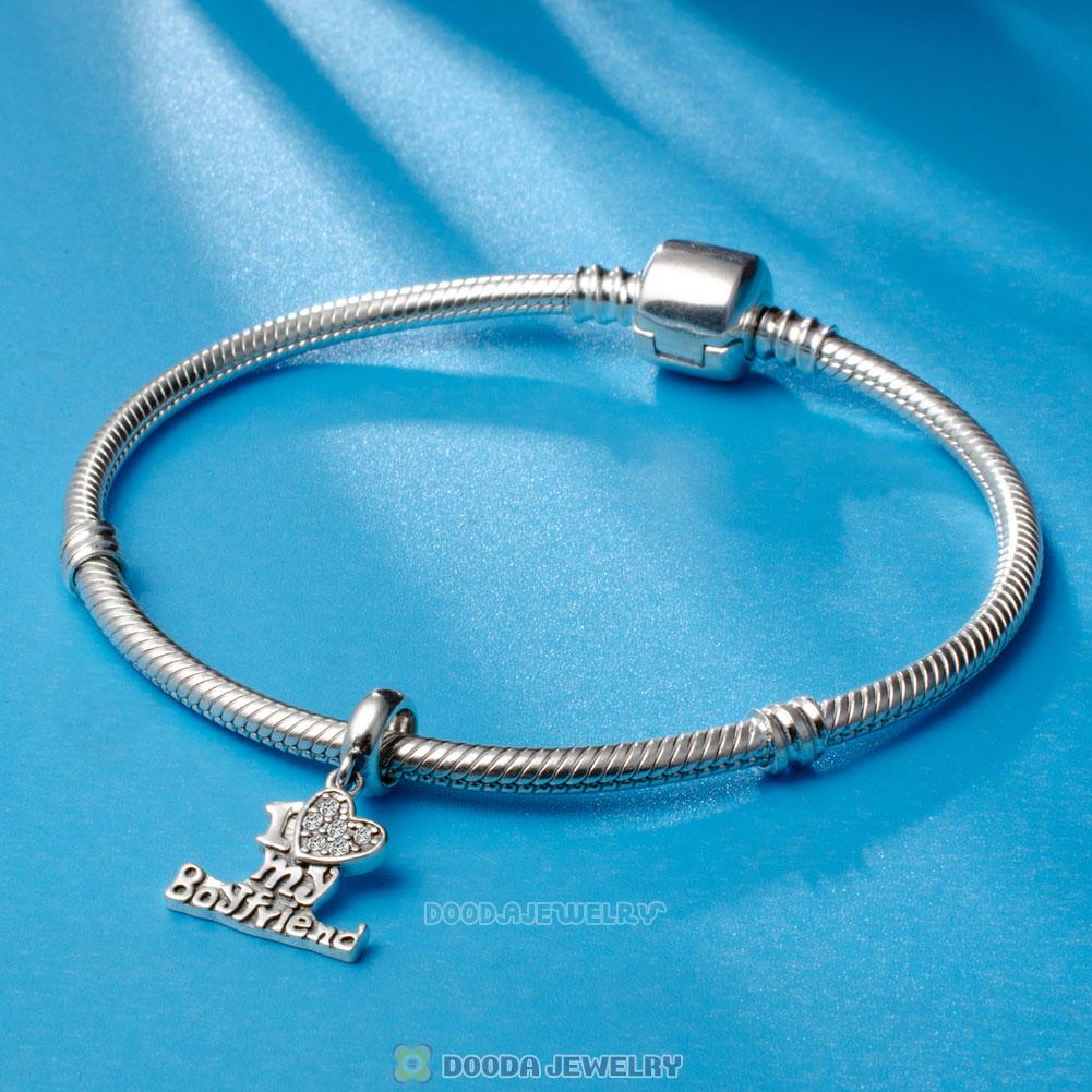 I Love my Boyfriend Charms 925 Sterling Silver with Clear Crystal