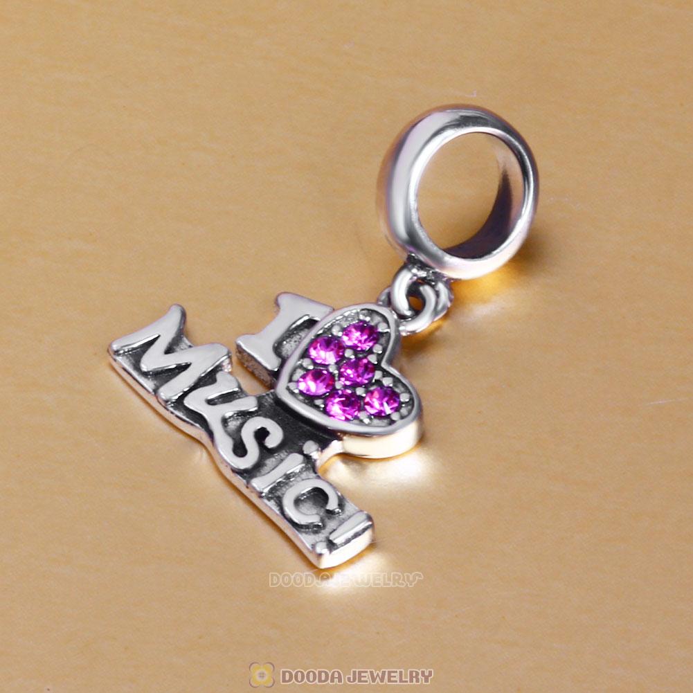 I Love my Music Charms 925 Sterling Silver with Rose Crystal