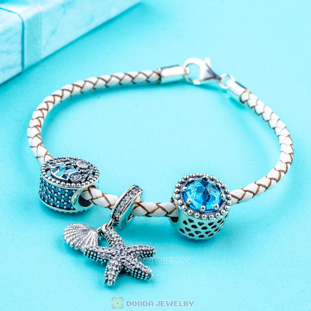 White Braided Leather Bracelet with Oceanic Starfish Charms