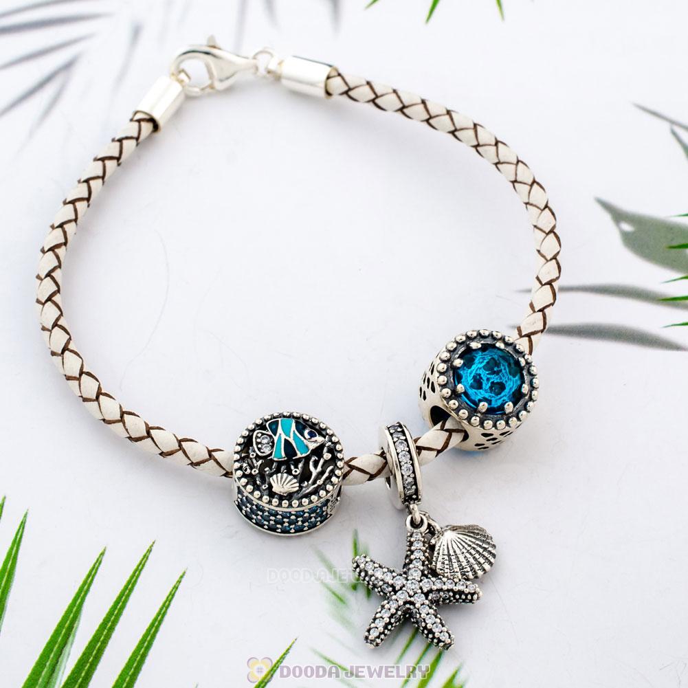 White Braided Leather Bracelet with Oceanic Starfish Charms