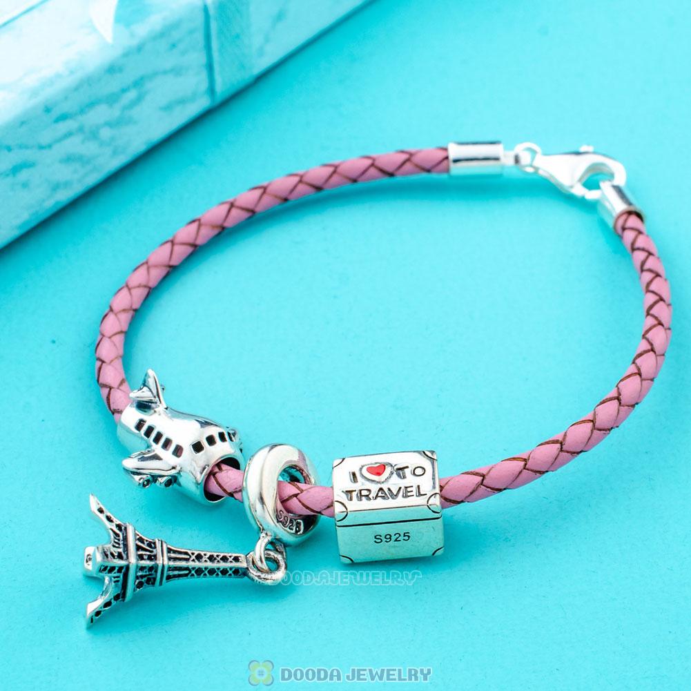 Paris Tour Pink Braided Leather Bracelet Charms Travel Lover Gifts