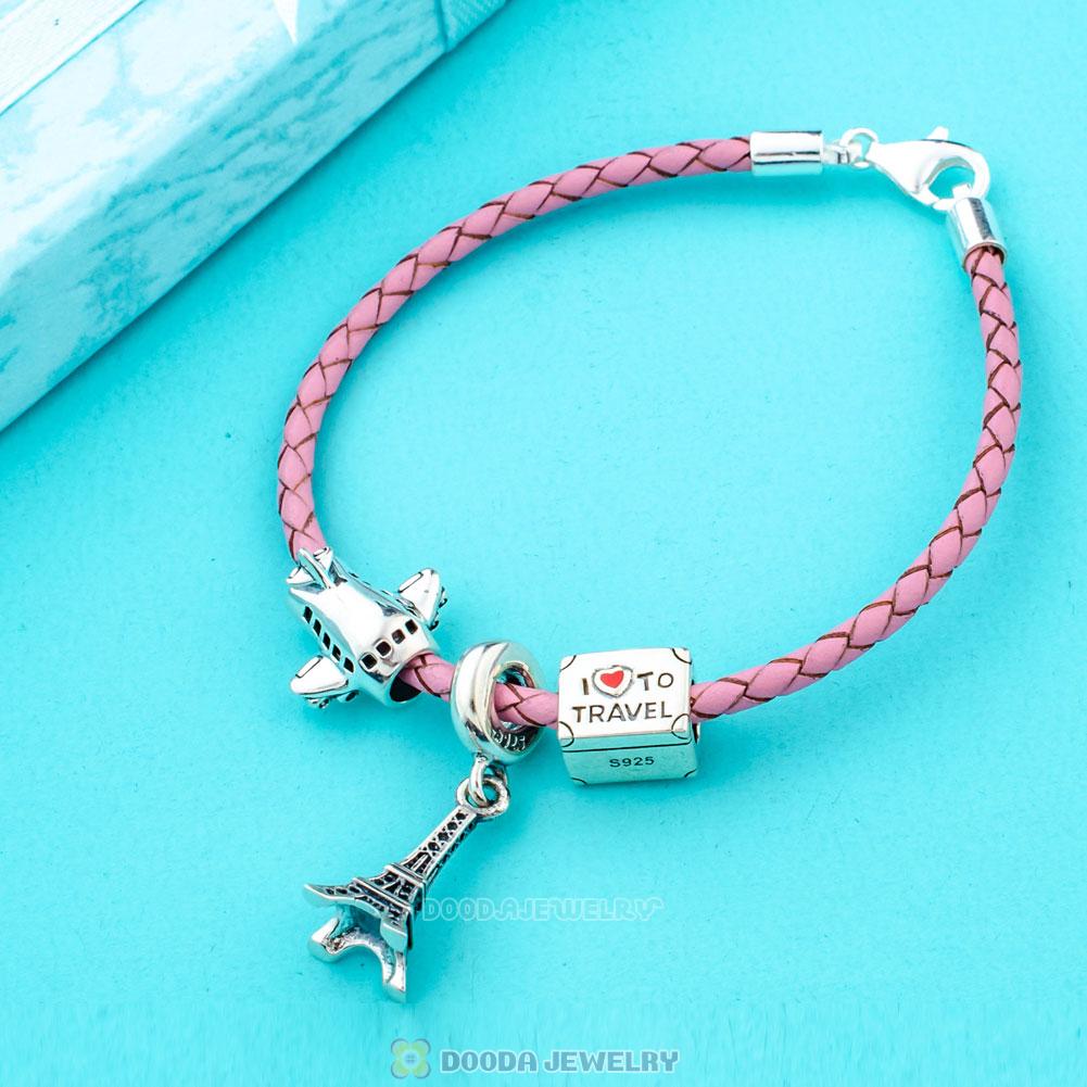 Paris Tour Pink Braided Leather Bracelet Charms Travel Lover Gifts