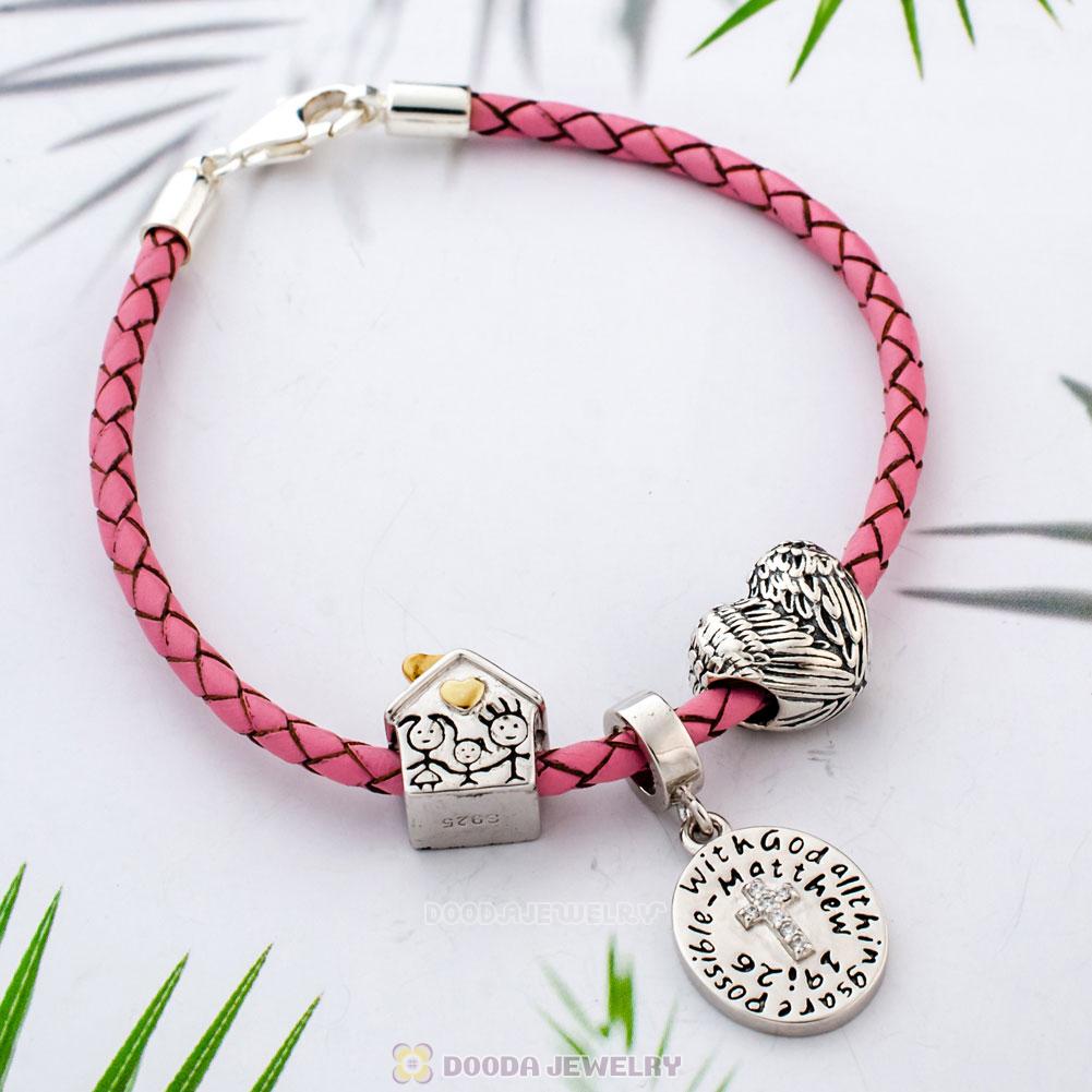 Guardian of Family Pink Braided Leather Cross Bracelet Charms