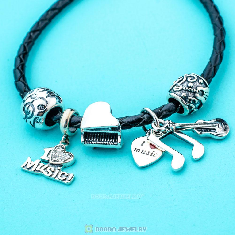 Sound of Music Black Braided Leather Muiscal Note Bracelet Charms
