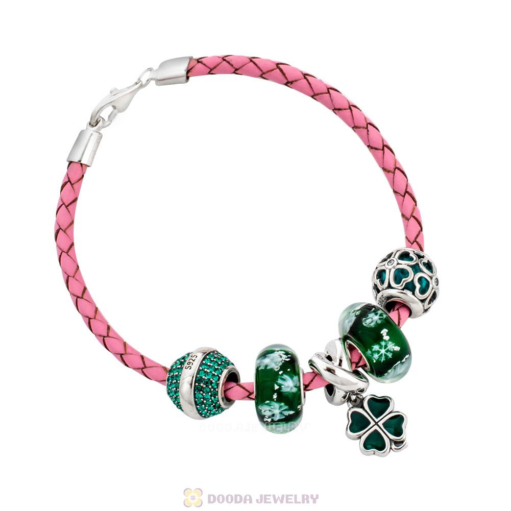 St Patrick Shamrock Braided Leather Green Bracelet Charms