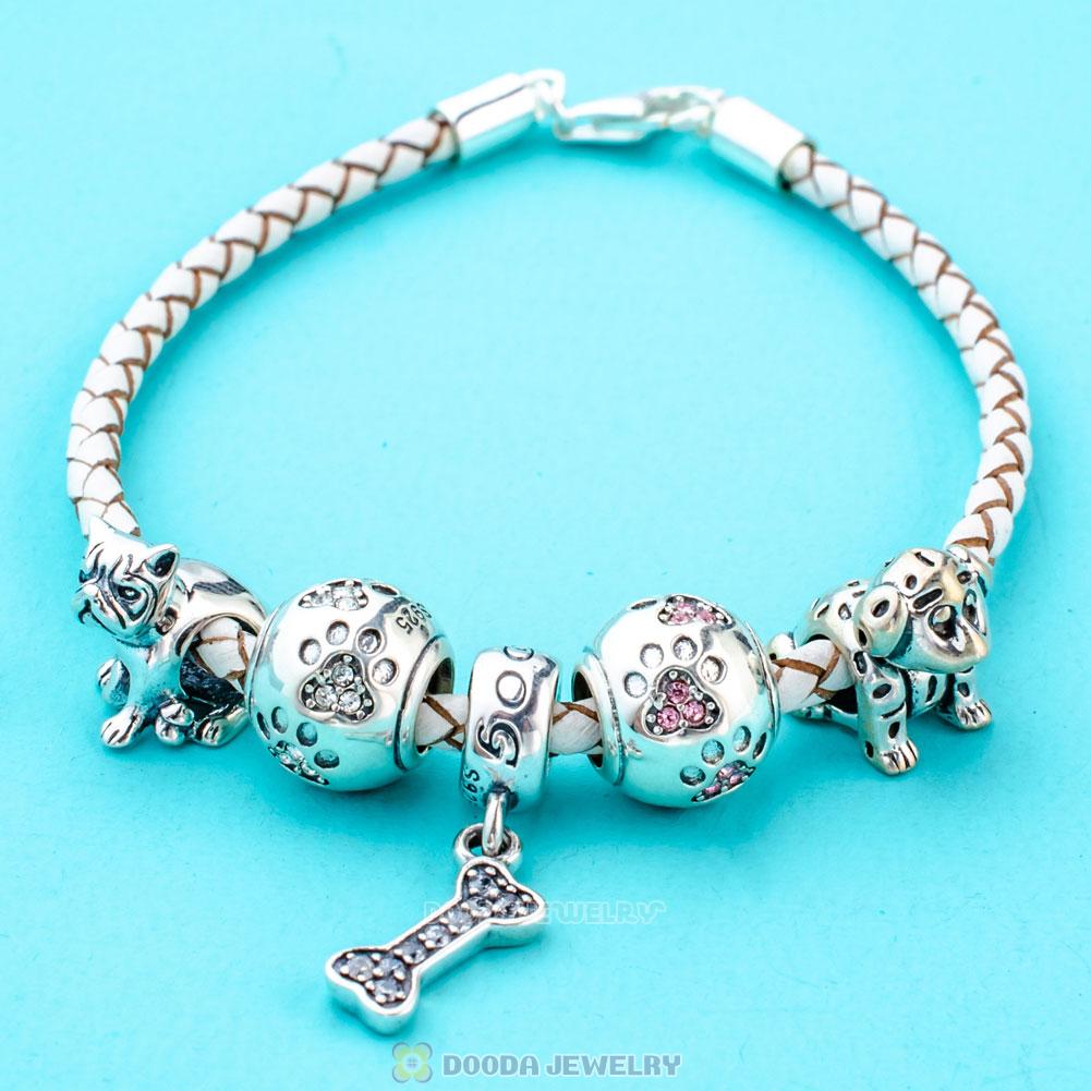 White Braided Leather Pet Dog Bracelet Charms