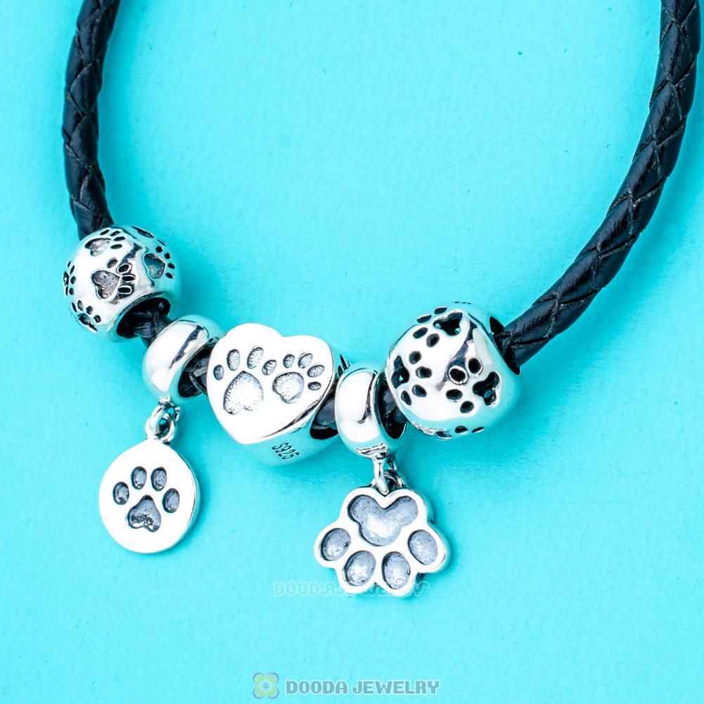 Sterling Silver Black Braided Leather Animal Paw Print Bracelet Charms