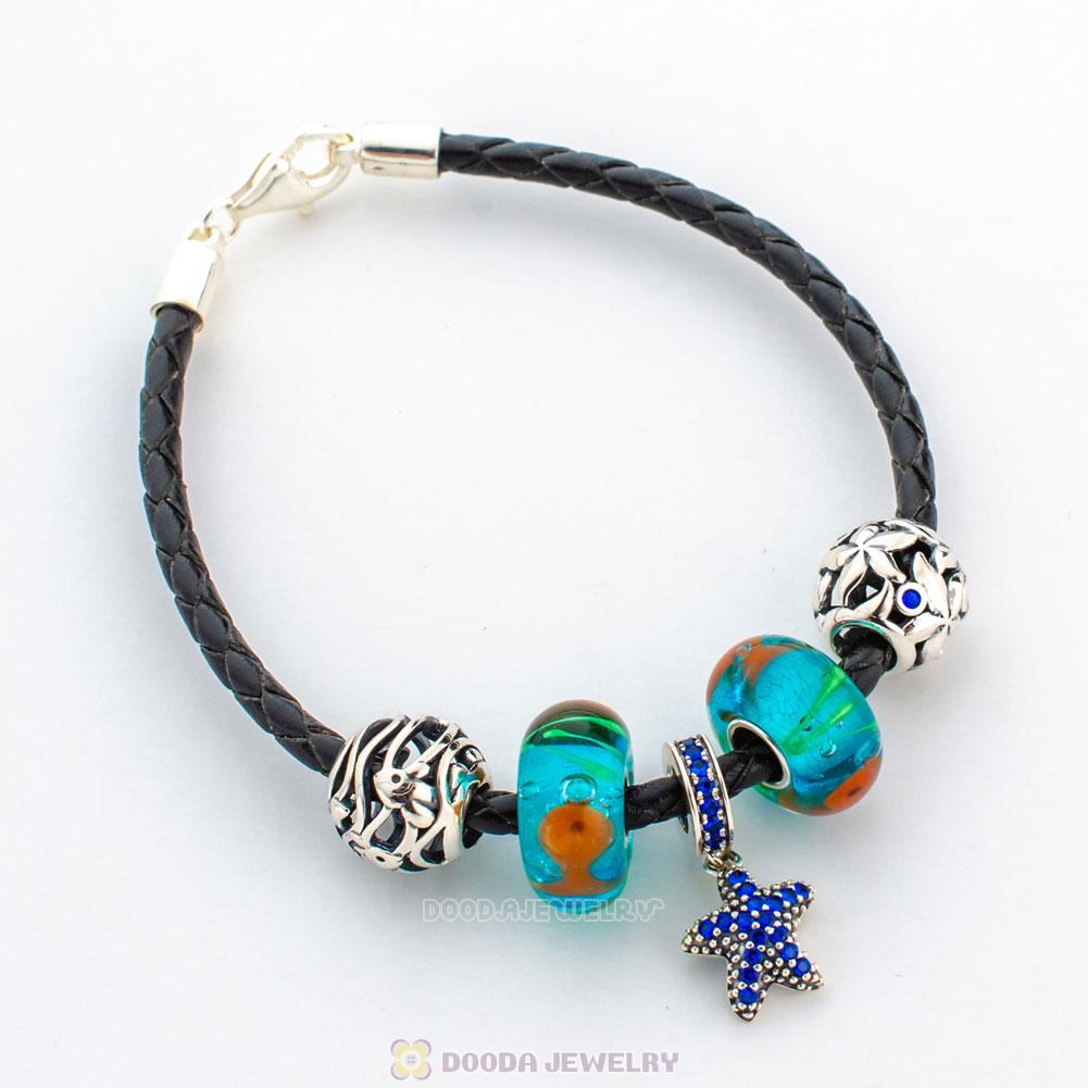 Oceanic Life Black Braided Leather Murano Glass Bracelet Charms