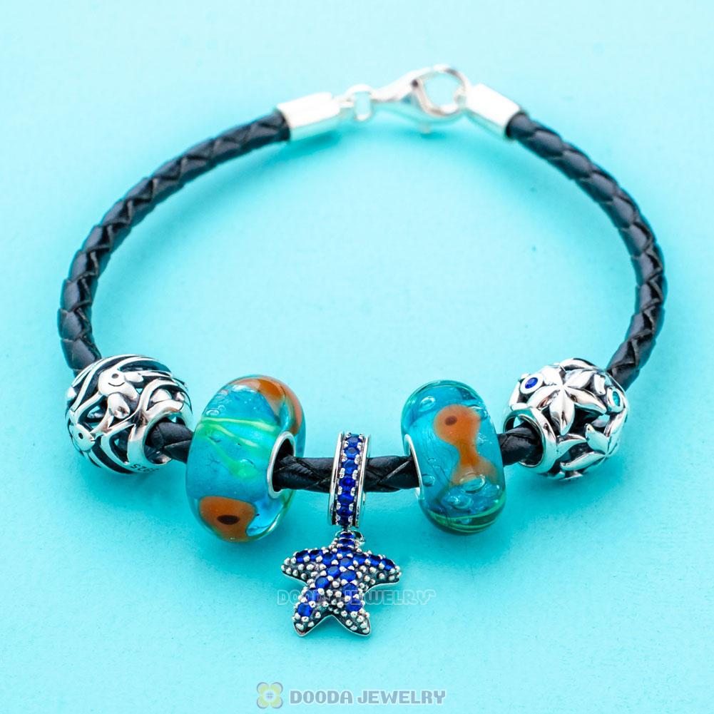 Oceanic Life Black Braided Leather Murano Glass Bracelet Charms