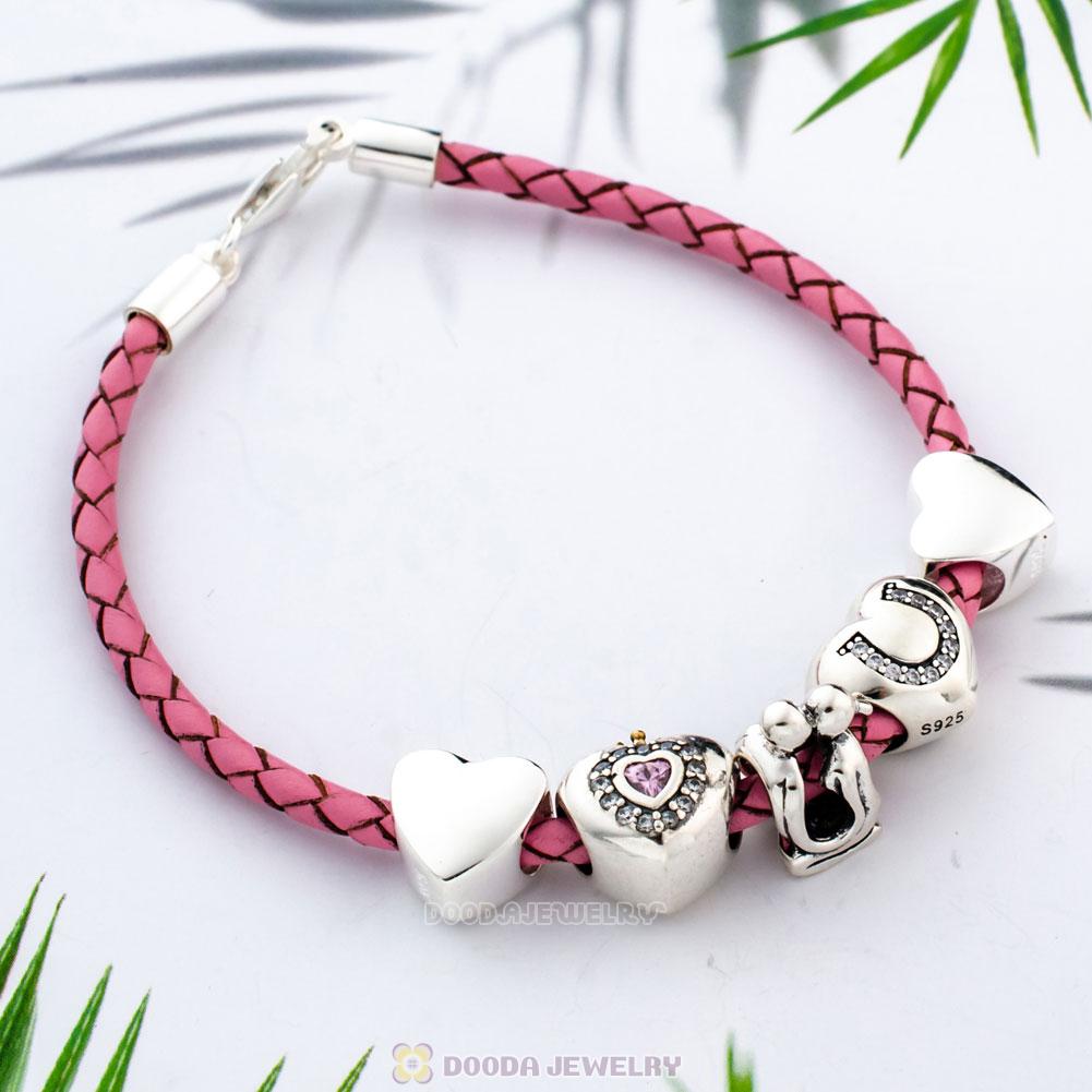 Pink Braided Leather Valentines Idea Love Bracelet Charms