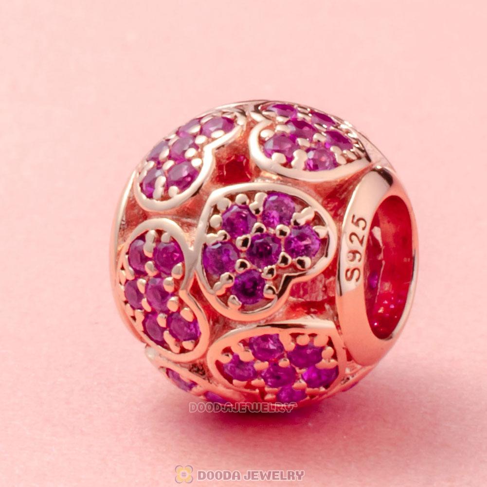 Rose Gold Trumbling Heart Charm Bead with Fuchsia Zircon