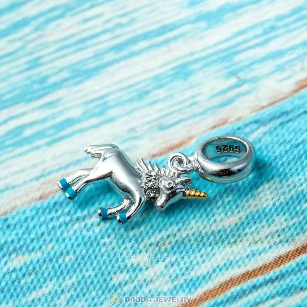 Dangle Unicorn Charms with Blue Enamel and Crystal