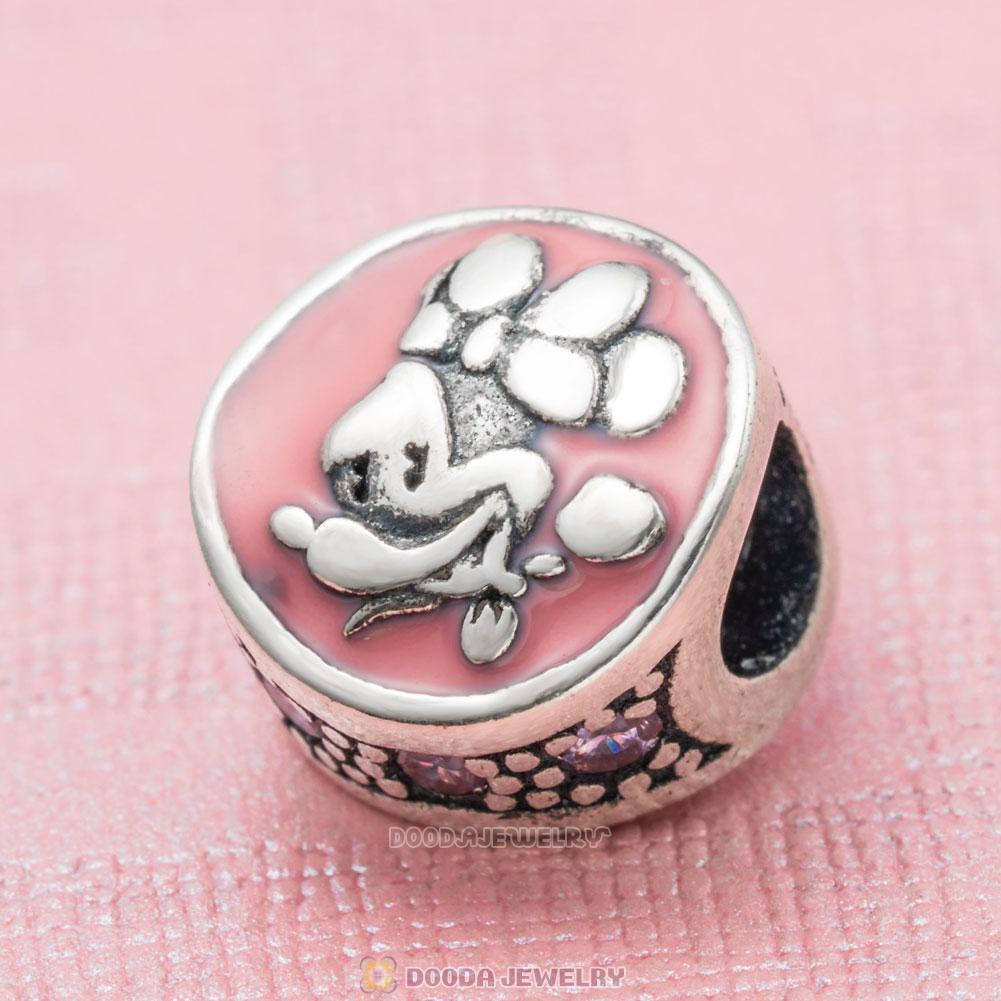 Minnie Mouse Charm Bead in Sterling Silver with Pink Enamel
