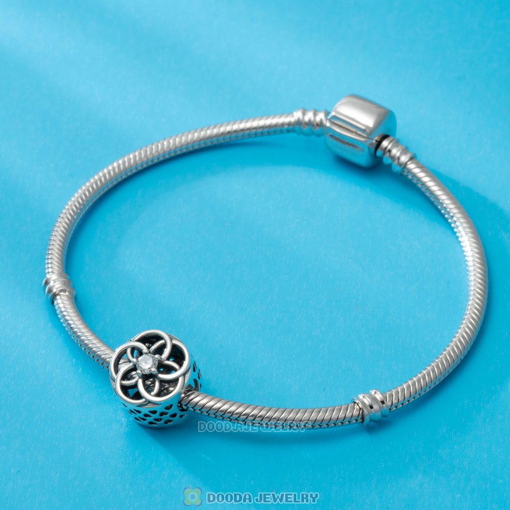 Openwork Flower Charm in Sterling Silver with Clear CZ