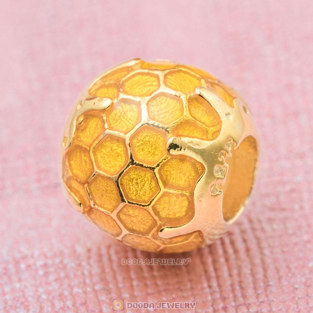 Honeycomb Charm Bead in Sterling Silver with Golden Enamel
