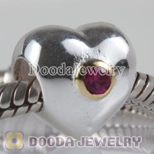 European Style Silver Heart Beads Gold Plated with Red CZ Stone