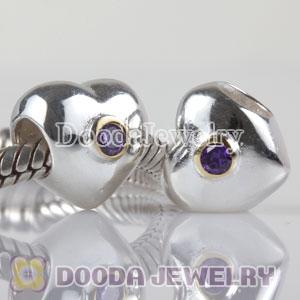 European Style Silver Heart Beads Gold Plated with Purple Stone