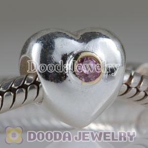 European Style Silver Heart Beads Gold Plated with Pink Stone