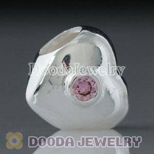Solid Sterling Silver European Style Love Beads with Pink Stone