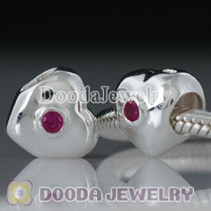 Solid Sterling Silver European Style Love Beads with Red Stone