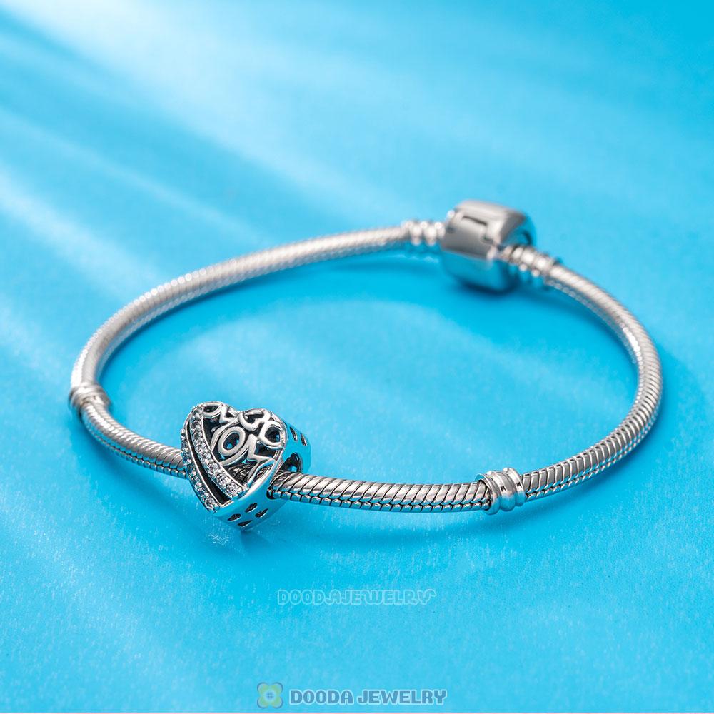 Open Love Mom Heart Charms with Clear CZ