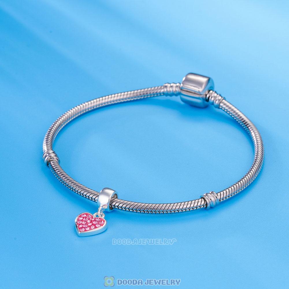 925 Sterling Silver Heart Dangle Charms With Pink Austrian Crystal Wholesale