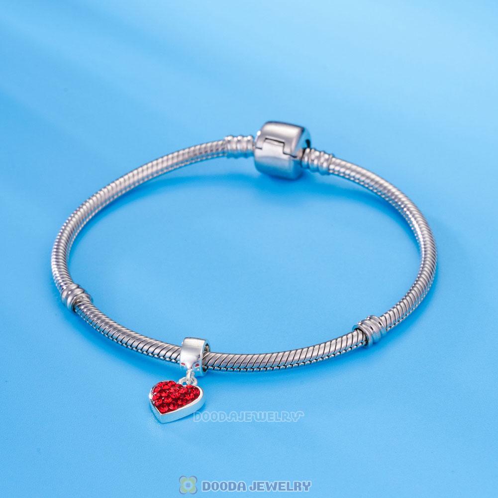925 Sterling Silver Heart Dangle Charms With Red Austrian Crystal Wholesale