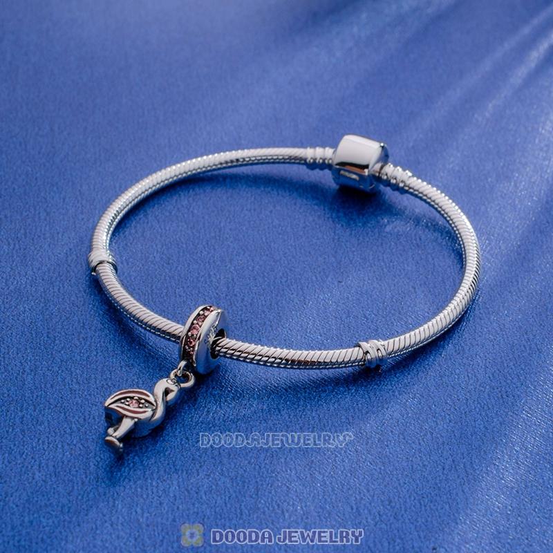 Sterling Silver Dangle Flamingo with Light Rose Austrian Crystal Charm