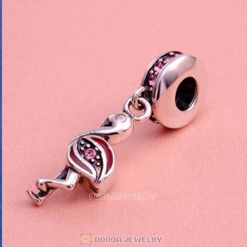 Sterling Silver Dangle Flamingo with Light Rose Austrian Crystal Charm
