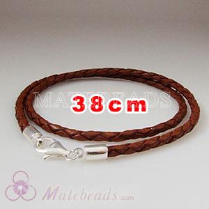 38cm brown braided European double leather bracelet sterling lobster clasp