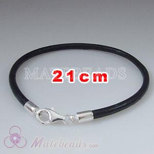 21cm black slippy European leather bracelet sterling lobster clasp