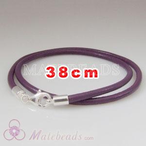 38cm purple slippy European double leather bracelet sterling lobster clasp