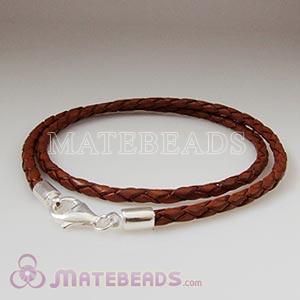 40cm brown braided European double leather bracelet sterling lobster clasp