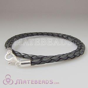 40cm gray braided European double leather bracelet sterling lobster clasp