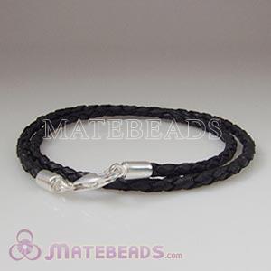 38cm black braided European double leather bracelet sterling lobster clasp