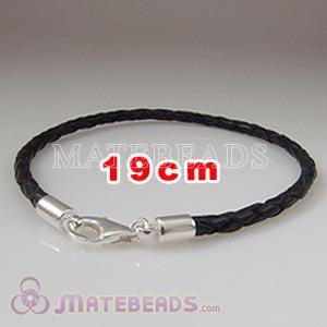 19cm black braided European leather bracelet sterling lobster clasp